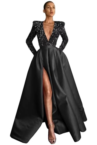 A-Line Prom Gown Bling Sequin Satin Ball Gown with Pockets Pleated Long Sleeve Formal Evening Dresses Deep V-Neck JS0008