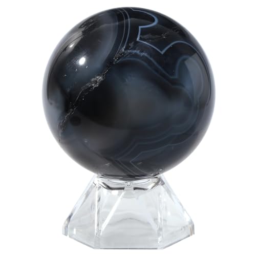 Nupuyai Striped Black Agate Stone Sphere Ball with Acrylic Stand Polished Crystal Ball Orb Sculpture Figurine for Divination Feng Shui Meditation Home Office Decor, 50-60mm