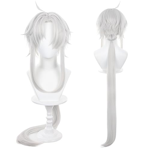 Image of Blad Anime White Wigs with Bangs Men Long Straight Wig with Ponytail for Women COS Game Cosplay Wigs Halloween,Christmas,Comic con,Game Show,Party
