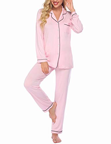 Ekouaer Long Sleeve Pajamas for Women Set Soft Sleepwear Button Dwon Night Shirts with Long Bottoms (Pink,M)
