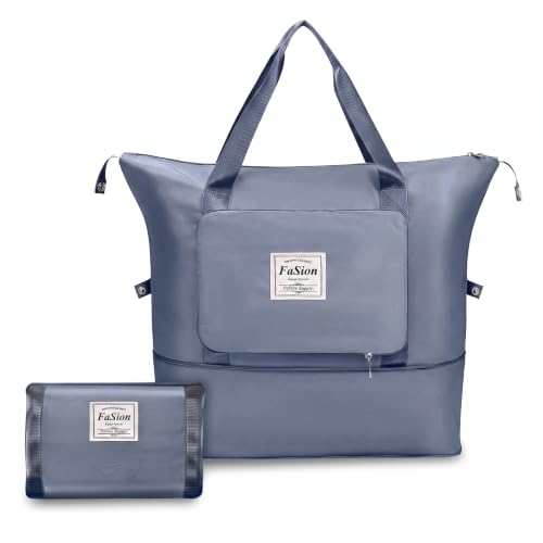 41cm Foldable Travel Duffle Bag for Women | Expandable Lightweight Water Resistant Nylon Weekender Overnight Luggage Bag for Travel, Shopping (Slate Blue)