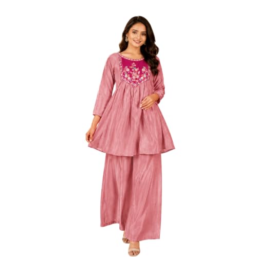 Image of Embroidered Sharara Set for Women | Roman Silk Short Kurta with Flared Sharara Pants | Designer Festive Ethnic Wear Suit Set for Weddings, Sangeet & Celebrations