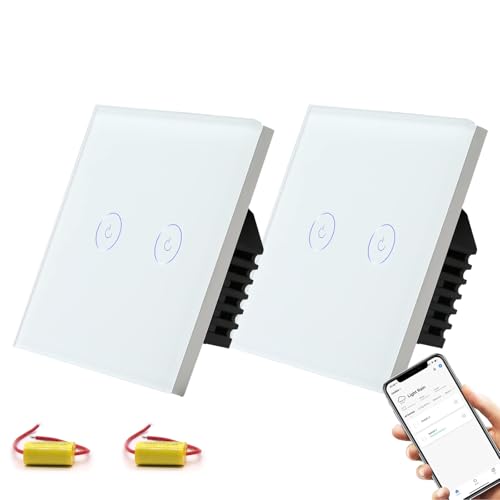 BSEED Interruttore WIFI, Interruttore Smart 2 Gang 2 Vie Compatibile con Alexa e Google Home, Interruttori con Controllo SmartLife e Funzione di Temporizzazione, Bianco 2Pezzi(NON Linea Neutra)