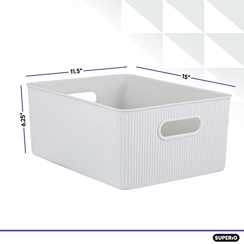 Superio Ribbed Collection - Decorative Plastic Lidded Home Storage Bins Organizer Baskets, Large White Smoke (1 Pack - 15 Liter) Stackable Container Box, For Organizing Closet Shelves Drawer Shelf #TOP3