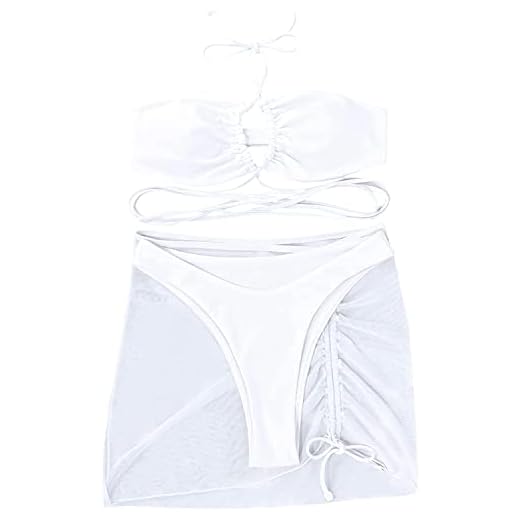 Tredelade baddräkter kvinnor sexig omlott triangel bikini baddräkter med nätstrandkjol enfärgade badkläder, Vitt, 38 SE