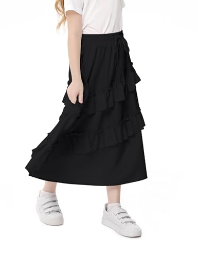 Image of Girls High Waisted Ruffle Maxi Skirt Soft Cotton Long Skirts with Elastic Waistband for Kid Girl 3-12 Years