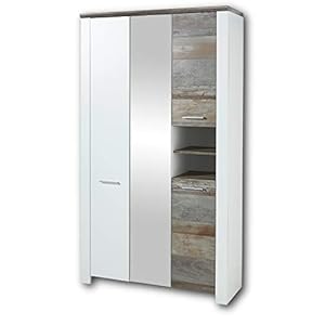 MATEO Garderobenschrank in Weiß mit Driftwood Optik – Moderner Flurgarderoben Schrank mit Spiegeltür – 112 x 198 x 39 cm…