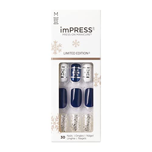 KISS imPRESS Limited Edition Holiday Press-On Manicure with PureFit Technology, Medium Square Press-On Nails, Style ‘Silent Night’, with Prep Pad, Mini File, Cuticle Stick, & 30 Fake Nails