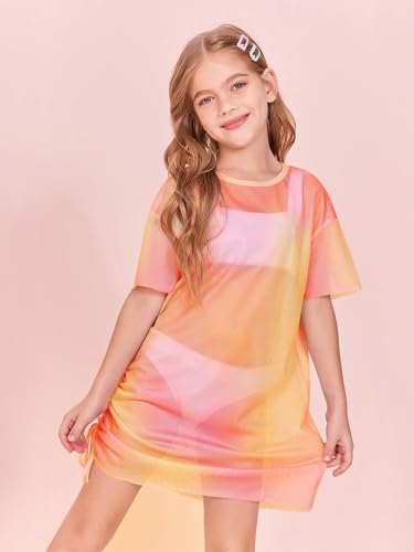 Image of Batermoon Girls Mesh Swim Cover Up Kids Summer Tie Dye Hollow Out Beach Coverup with Drawstring 5-14 Years