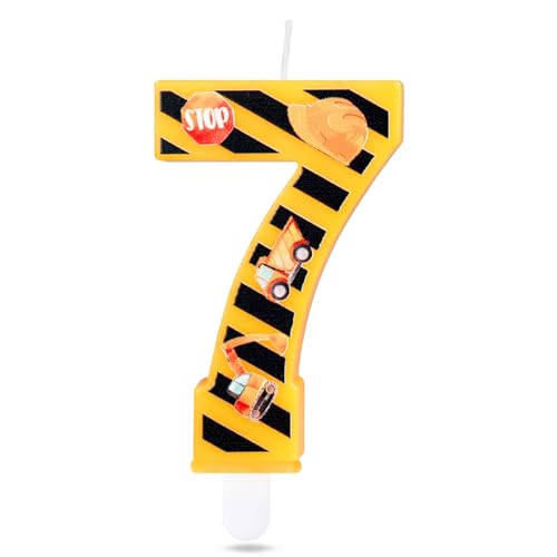 iNINGER Construction Number 7 Candle, Yellow and Black Stripes, Happy Birthday Cake Topper for Boys, Modern Construction Theme, All Season, 1 Count, Odorless, Indoor Use, Novelty Candle