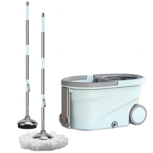 スピンモップとバケツ、絞り器セット - マイクロファイバーモップリフィル5本とクリーニングブラシ付きフロアモップ、調節可能なハンドル、 キャスター付きで移動も簡単、家庭掃除も可能,Blue