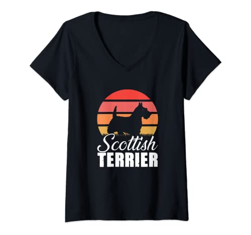 Mujer Retro Scottish Terrier Perro Raza Vintage Scottie Propietario Pata Camiseta Cuello V