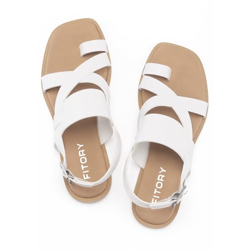 Fitory Womens Flat Adjustable Strap Sandals With Casual Fashion Slingback Slides And Split Toes Style For Lady Summer White Size 9 thumb #3