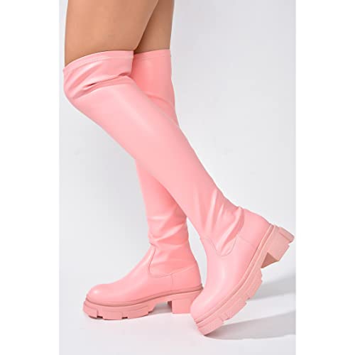 Cape Robbin Campi Over The Knee Boots With Chunky Block Heels, Fashion Dress Boots For Women - Pink Size 10 #TOP2