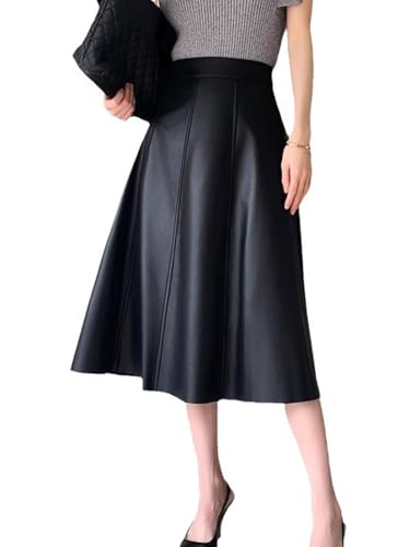 utcoco Women's Casual A-Line High Waisted Midi Long Faux Leather Skirt (Medium, Black)