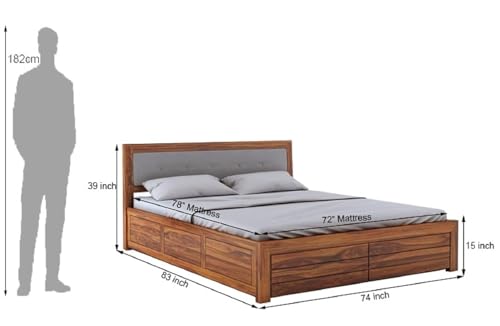 Image of Ganpati Arts Solid Sheesham Wood Euro King Size Bed with Hydraulic Storage and Upholstered Headboard | Wooden Double Bed Cot Palang Furniture for Bedroom, Living Room, Home and Hotel (Natural Finish)
