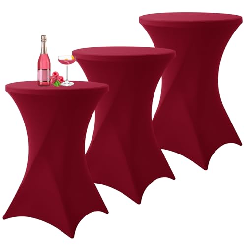 YMHPRIDE Lot de 3 Bourgogne Housse pour Table Haute, Nappe Mange Debout 80x110cm Vin Rouge Nappes à Coins Carrés Extensibles en Spandex pour Cocktail Mariage...