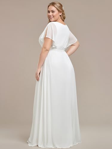 Image of Ever-Pretty Women's V Neck A Line Ruched Ruffles Sleeves Chiffon Floor Length Plus Size Bridal Dresses White US20