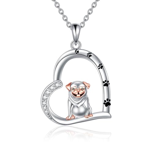 YONFQE Mops Halskette 925 Sterling Silber Herz Anhänger Niedlicher Hund Pfote Print Schmuck Geschenk für Frauen Hundeliebhaber