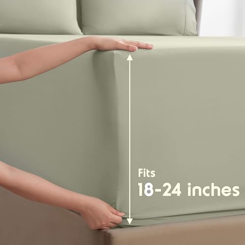 Image of Nestl Extra Deep Twin Sheet Set - 4 Piece Breathable & Cooling Sheets - Hotel Luxury Bedding Set w /18-24 Inch Deep Pockets - Easy & Secure Fit - Super Soft, Wrinkle Free & Comfy - Light Sage
