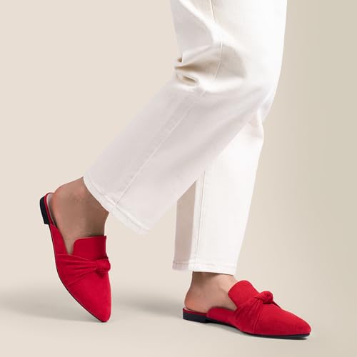 Image of MUSSHOE Mules for Women with Bow Knot: Pointed Toe Flats - Cloud-Cushion Suede Backless Loafers for Office & Casual Wear - Wide-Fit Friendly Slip On Slides with Memory Foam