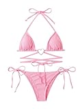Milumia Women Two Piece Heart Ring Linked Bikini Set Lace Up Tie Halter Swimsuit Pink Large
