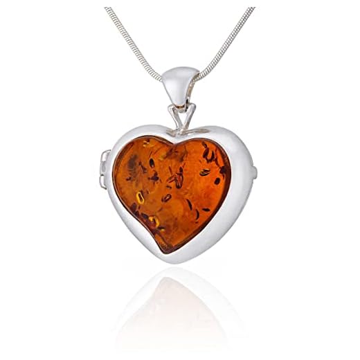 AMBEDORA Damenhalskette, Medaillon, poliertes Sterling Silber mit Nanobeschichtung, Bernsteinherz in Cognac Farbe, Silber Geheimanhänger mit Kette