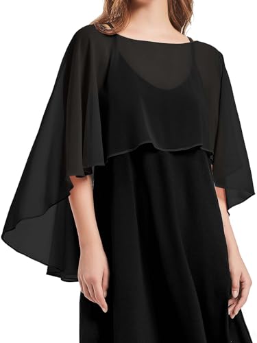 Damas Gasa Cape Bufandas para Vestidos de Novia Elegantes Capelets de Banquete, Negro , Talla única