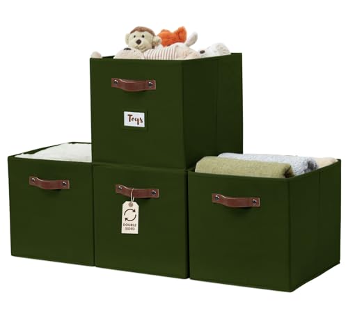 DECOMOMO Storage Baskets, 13x15x13 Storage Cube Bins with Labels for Organizing Shelves Kallax (Kallax / 4pcs, Olive Green)