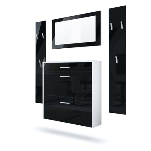 InnoFurn Garderoben-Set Roma Air 4-teilig, Moderne Flurgarderoben Set mit Schuschrank, 2 Wandpaneele und Wandspiegel für Flur & Eingangsbereich,Weiß matt/Schwarz Hochglanz