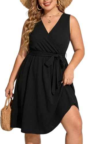 Image of Holipick Women's Plus Size Sleeveless V Neck Wrap Sundress Summer Casual Dress with Pockets