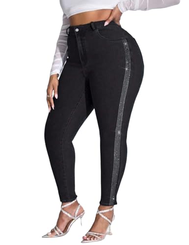 Women's High Waist Skinny Jeans Side Rhinestone Shaping Butt Lifting Denim Pants Black