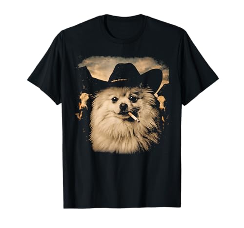 Pomeranian Western Graphic Vintage Cowboy Dog Smoking Meme T-Shirt
