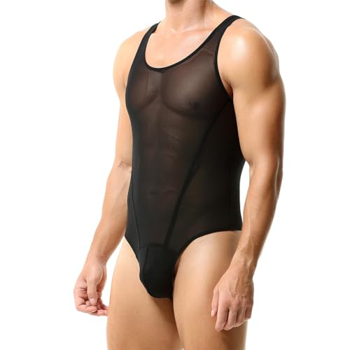 FYMNSI Men's Sheer Mesh Bodysuit Leotard See Through Thong Underwear Wrestling Singlet Fitness Undershirt One Piece Romper