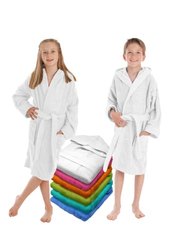 LEBENGOOD Albornoz, Niño, Niña, Unisex, Infantil, Juvenil,100% Algodón,toalla 400gr OEKO-TEX, 2 Bolsillos, Capucha, Albornoces Felpa, adolescente (6-8, Blanco)