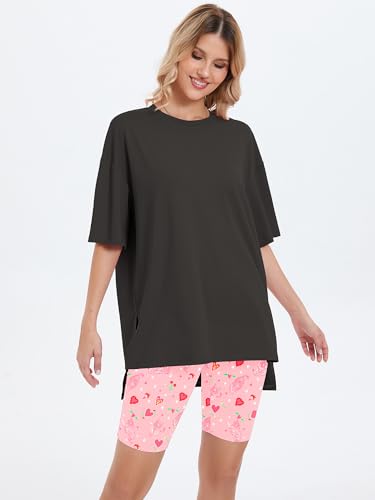 Heymoments Workout Sets for Women Print Floral Small Oversized T-Shirt and Biker Shorts Pajama Set Soft Summer Pajamas Set Breathable Sleepwear Comfy Nightwear Womens Pjs Set — view 3