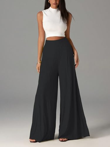 Image of Shasmi Women's Elegant High Waist Wide Leg Pants - Textured Solid Color Loose Fit Long Trousers | Casual Beach & Airport Outfit | Lightweight Flowy Palazzo Style (Trouser 259)