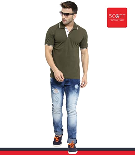 Image of Scott International Men's Organic Cotton Regular Fit Polo T-Shirt (Military Green with White, XL)