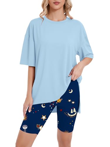 Heymoments Lounge Sets for Women Print Floral Medium Oversized T-Shirt and Biker Shorts Pajama Set Soft Summer Pajamas Set Breathable Sleepwear Comfy Nightwear Womens Pjs Set