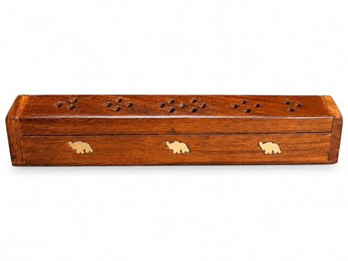 Wooden Incense Stick Holder Box with Brass Elephant Inlay, Carved...