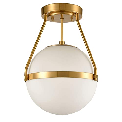 Holkirt Mid Century Modern Globe Semi Flush Mount Ceiling Light Fixture,White Opal With Brass Finish,Living/Dinning Room #TOP4
