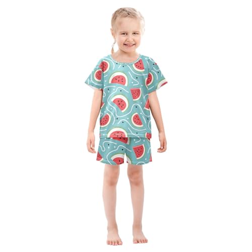 ALAZA Watermelon Slices Blue Pajamas Set Short Sleeve Cotton Sleepwear Summer Pjs 2 Piece 5-14Y3
