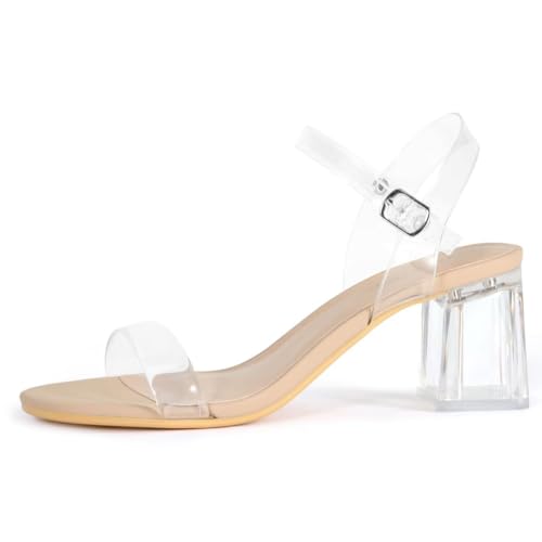 Image of Women's Clear Chunky Block Nude Clear Heeled Sandals 2.56 Inches Open Toe Ankle Strap Block High Heel Sandal Dress Dancing Sandals Daily Work Party Shoes Nude Clear Size 9