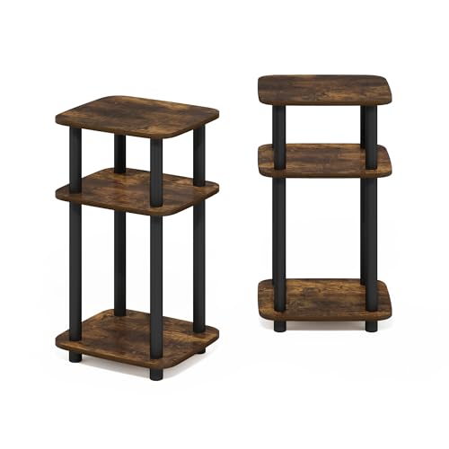 Image of Furinno JUST 3-Tier Telephone Table Set of 2, Turn-N-Tube Toolless Side Table with Open Shelf, Round Curve Corner Night Stand, Bedside Table, for Living Room, Bedroom, Amber Pine