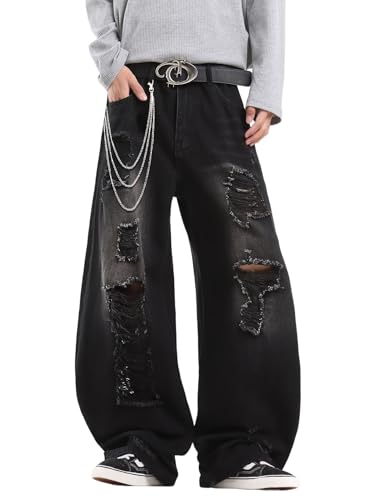 Zewool Herren Hip Hop Baggy Jeans Weite Beinform Skater Jeans Lässige Lockere Denim-Hosen Y2K Skateboard Streetwear Entspannte Passform Y2K Skateboard Zerrissen Abgenutzt Zerstört,A12 Schwarz,L
