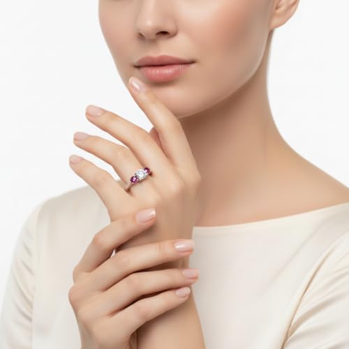 Image of Choose Your Gemstone Classic Three Stone Ring 925 Sterling Silver Round Shape 3 Stone Engagement Rings Everyday Jewelry Wedding Jewelry Handmade Gifts for Wife US Size 4 to 12