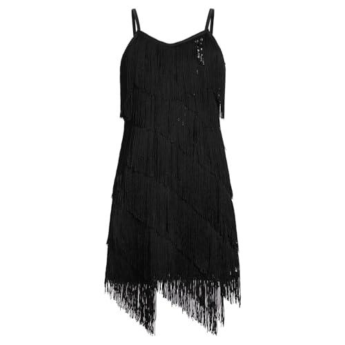 EFOGEP Abito da donna, stile vintage vintage con frange luccicanti, con frange luccicanti, per sala da ballo, jazz, tangos, danza, anni '20, Nero , 5-6 Anni