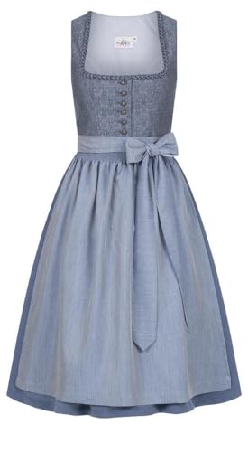 Nübler Dirndl midi Damen - 2 teilig inkl. Kleid und Dirndl Schürze im Landhausstil Rocklänge 70cm - Moderne bayrische Tracht ELSA Rauchblau Größe:38