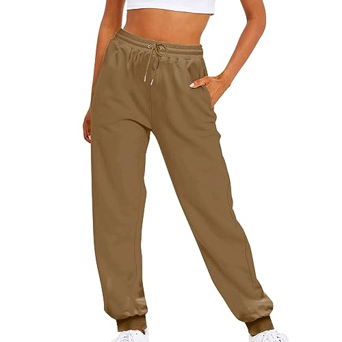 Sweatpants Women's Cinch Bottom Joggers High Waisted Athletic Running Pants Pockets Workout Gym Fitness Sportswear Khaki