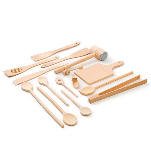 Küchenhelfer Set Holz Buche (6x Kochlöffel, 4x Pfannenwender, Honiglöffel, Grillzange, Schneidebrett, Fleischhammer, Gewürzlöffel)